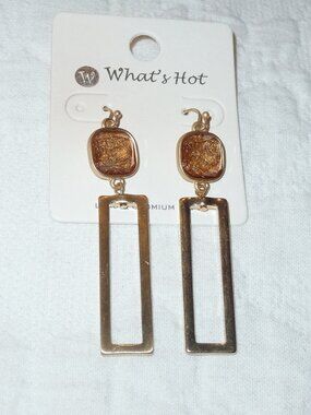 NWT What's Hot Brand Long Gold Tone Rectangular Earrings